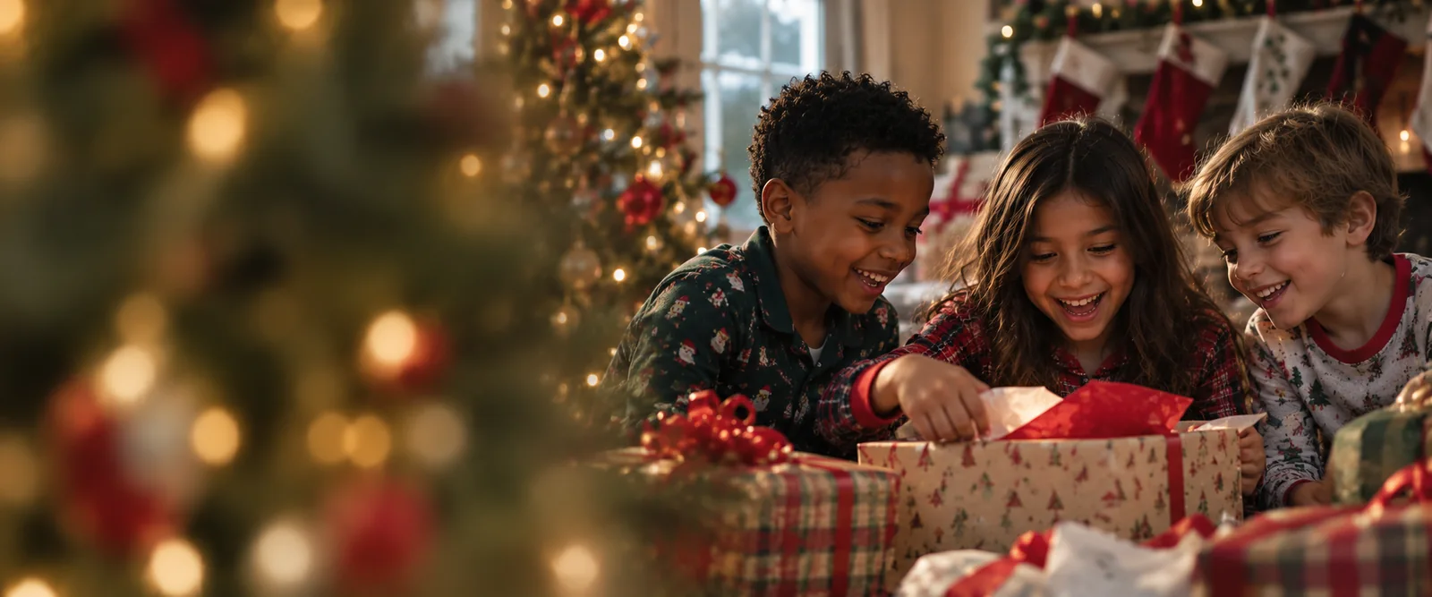 Children sharing the joy of opening a Christmas gift