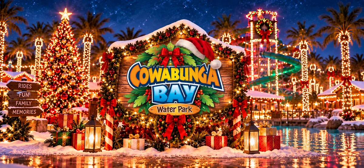 Cowabunga Bay decorated with Christmas trees and holiday lights