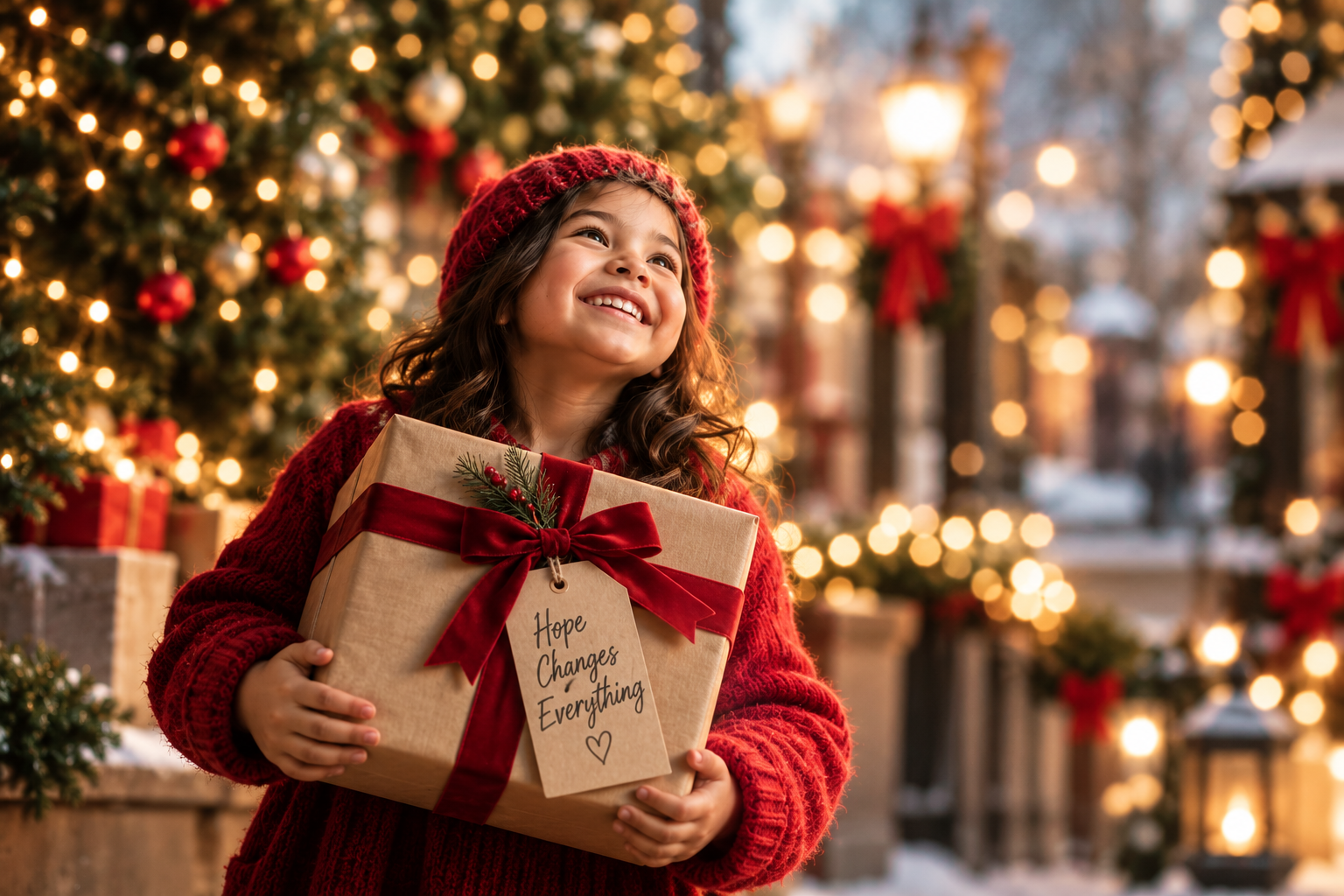 A smiling girl holding a Christmas gift beside a tree