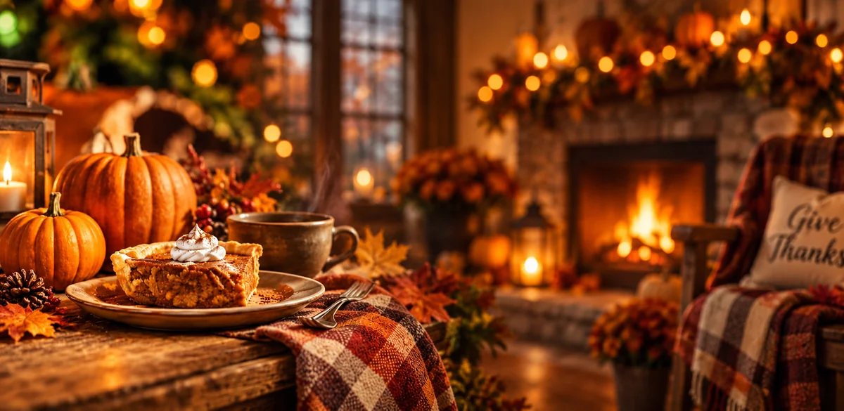 Pumpkins and pumpkin pie on a warmly lit Thanksgiving table