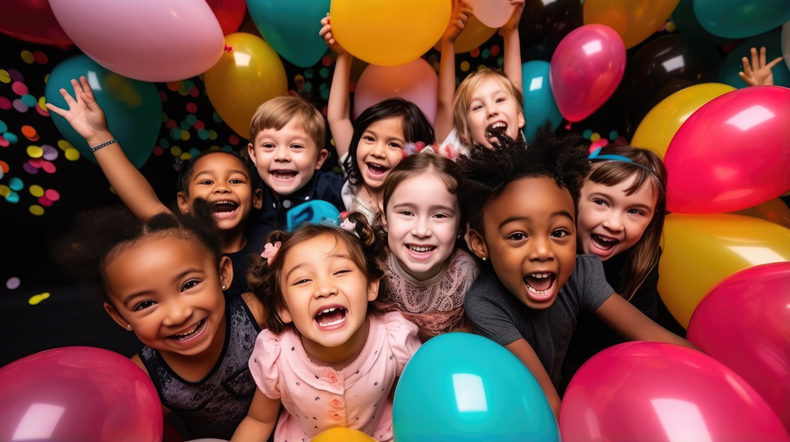 Children celebrating together with colorful birthday balloons